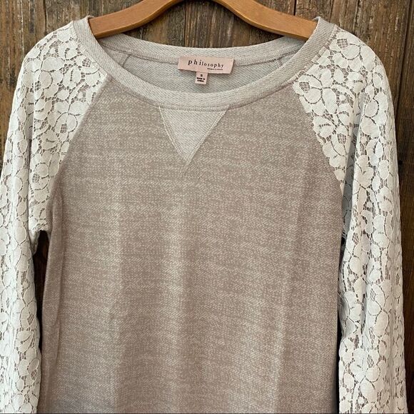 Philosophy S Tan Lace Shoulder Sleeves Casual Weekend Sweatshirt - Picture 7 of 13